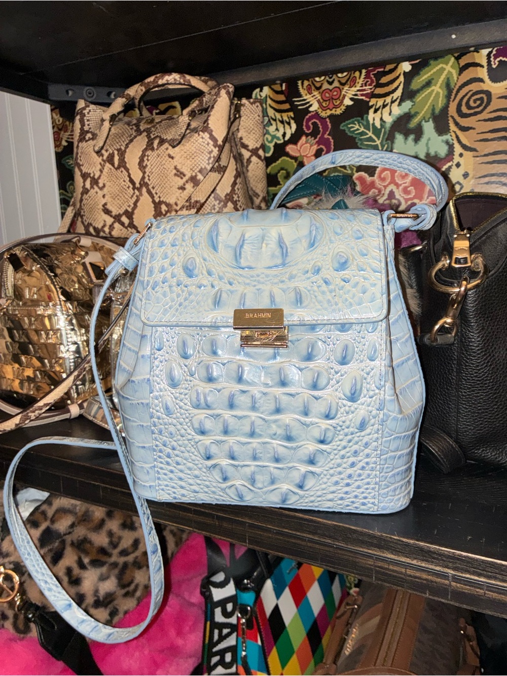 Brahmin Baby Blue Croc-Embossed Leather Crossbody Bag
